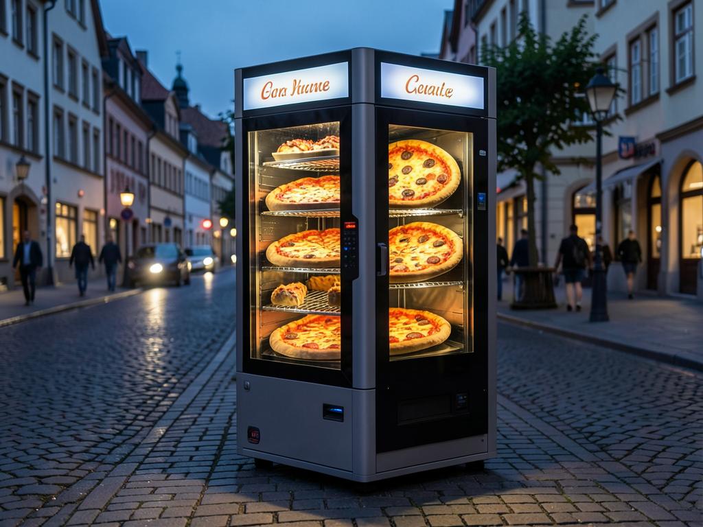 Beleuchteter Pizzaautomat in einer deutschen Altstadt